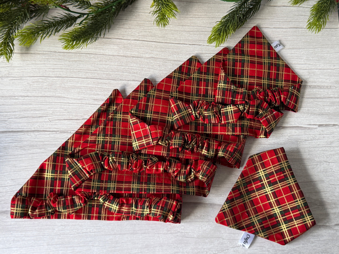 Cotton Pet Scrunchie Bandana - Gold/Red tartan