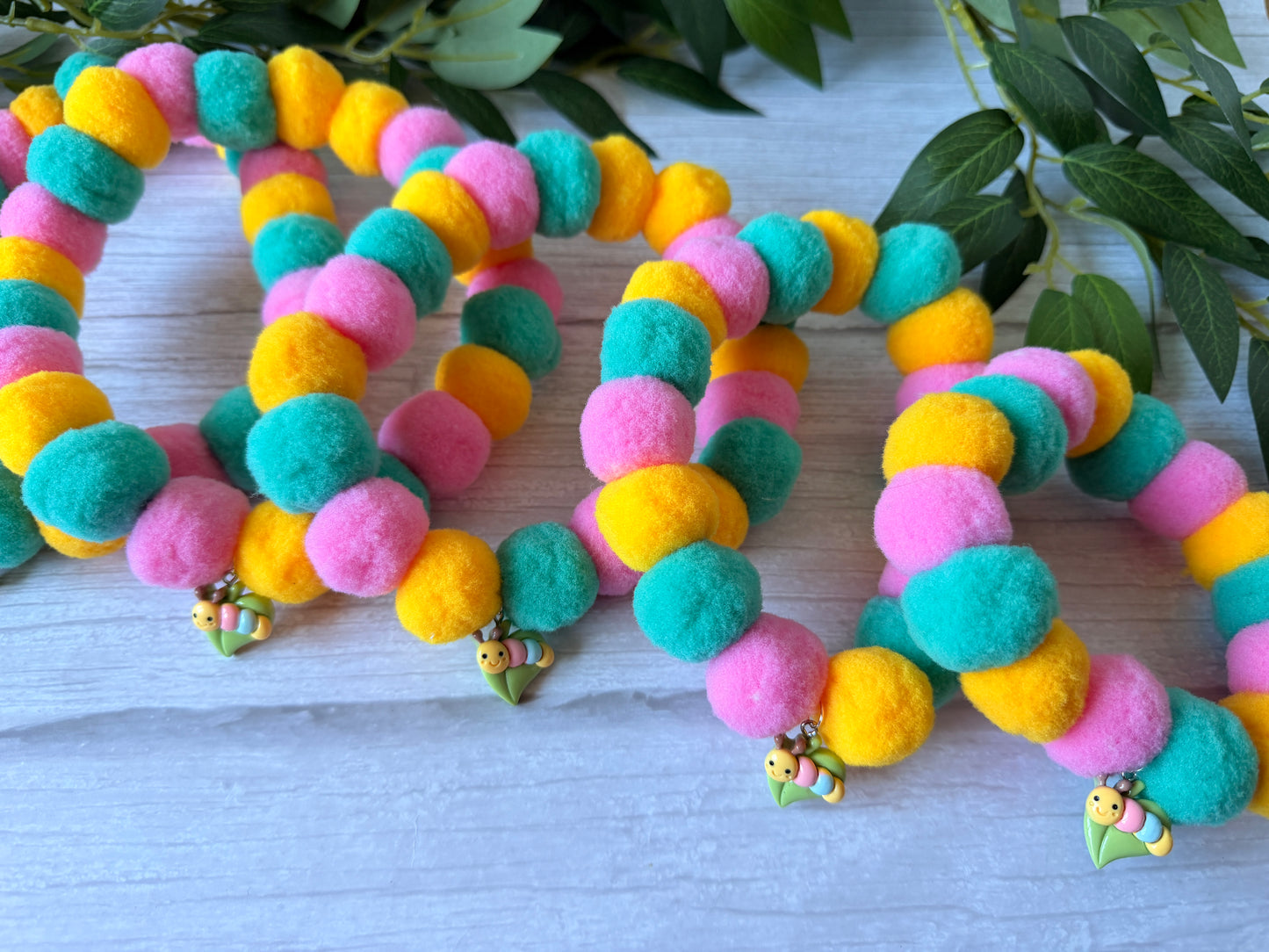 PomPom Pet Collar - Rainbow Caterpillar ￼