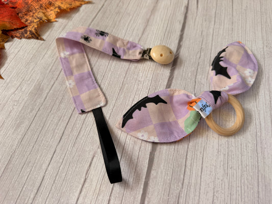 Cotton & Terry Towelling Dummy Clip & Teething Rattle - Halloween Picnic