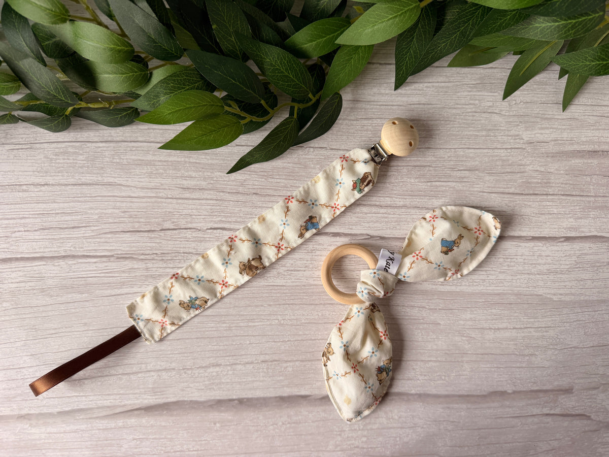 Cotton & Terry Towelling Dummy Clip & Teething Rattle - Peter Rabbit & friends