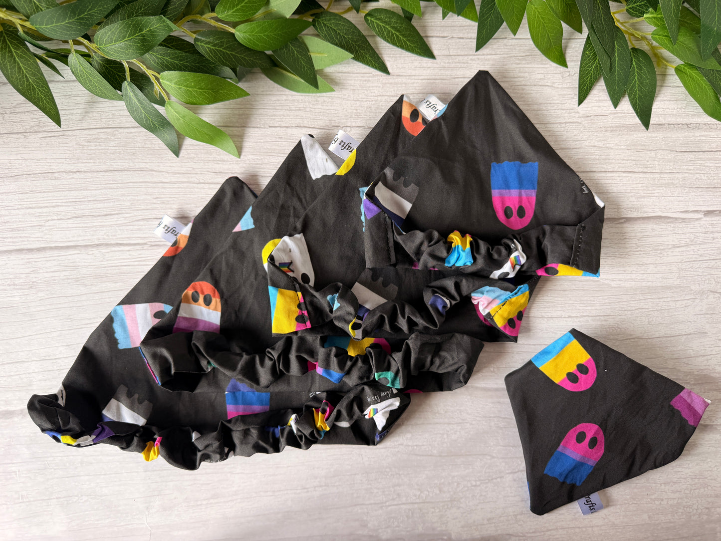Cotton Pet Scrunchie Bandana - Rainbow Pride Flag (large) Ghosts