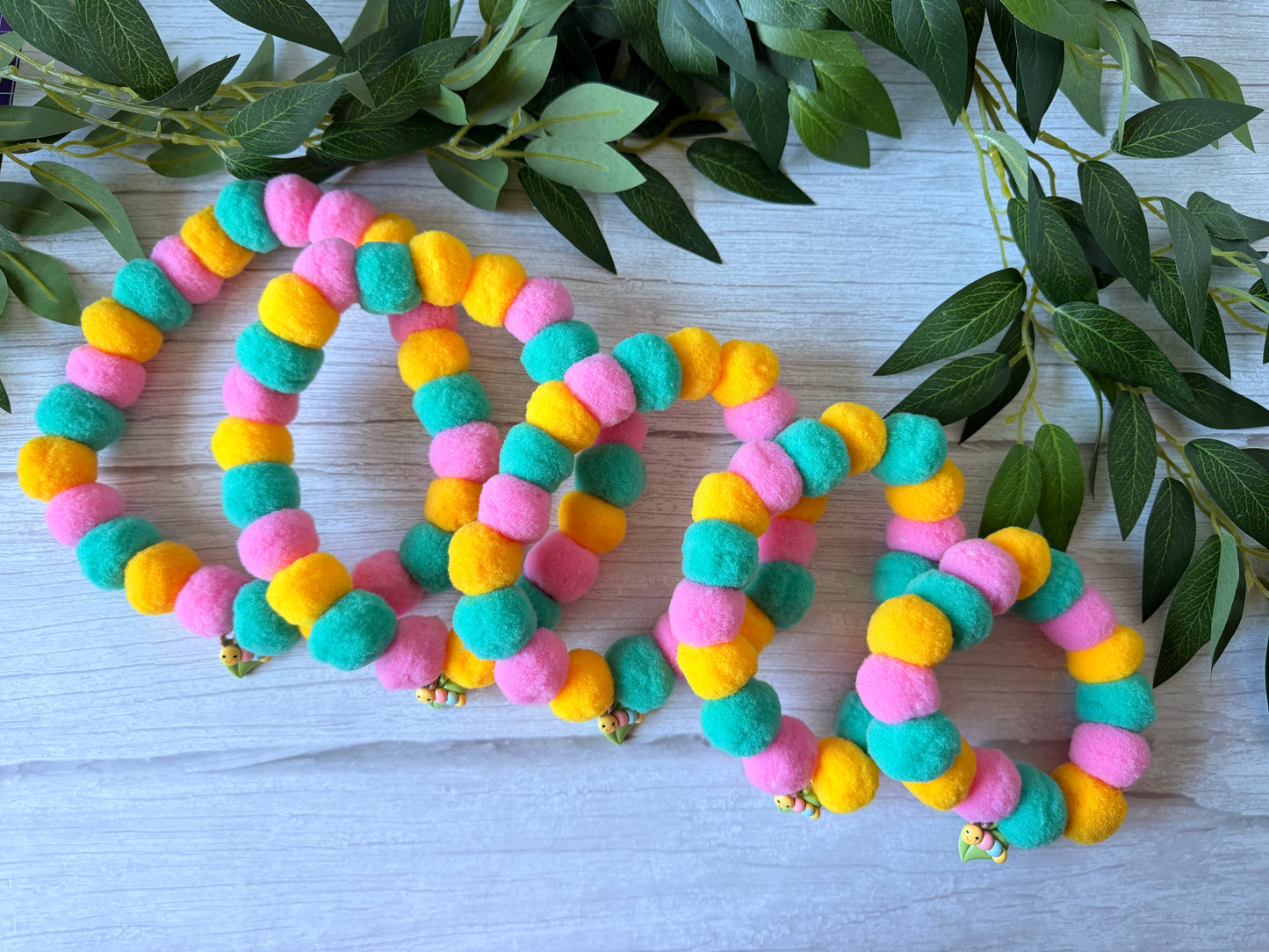 PomPom Pet Collar - Rainbow Caterpillar ￼