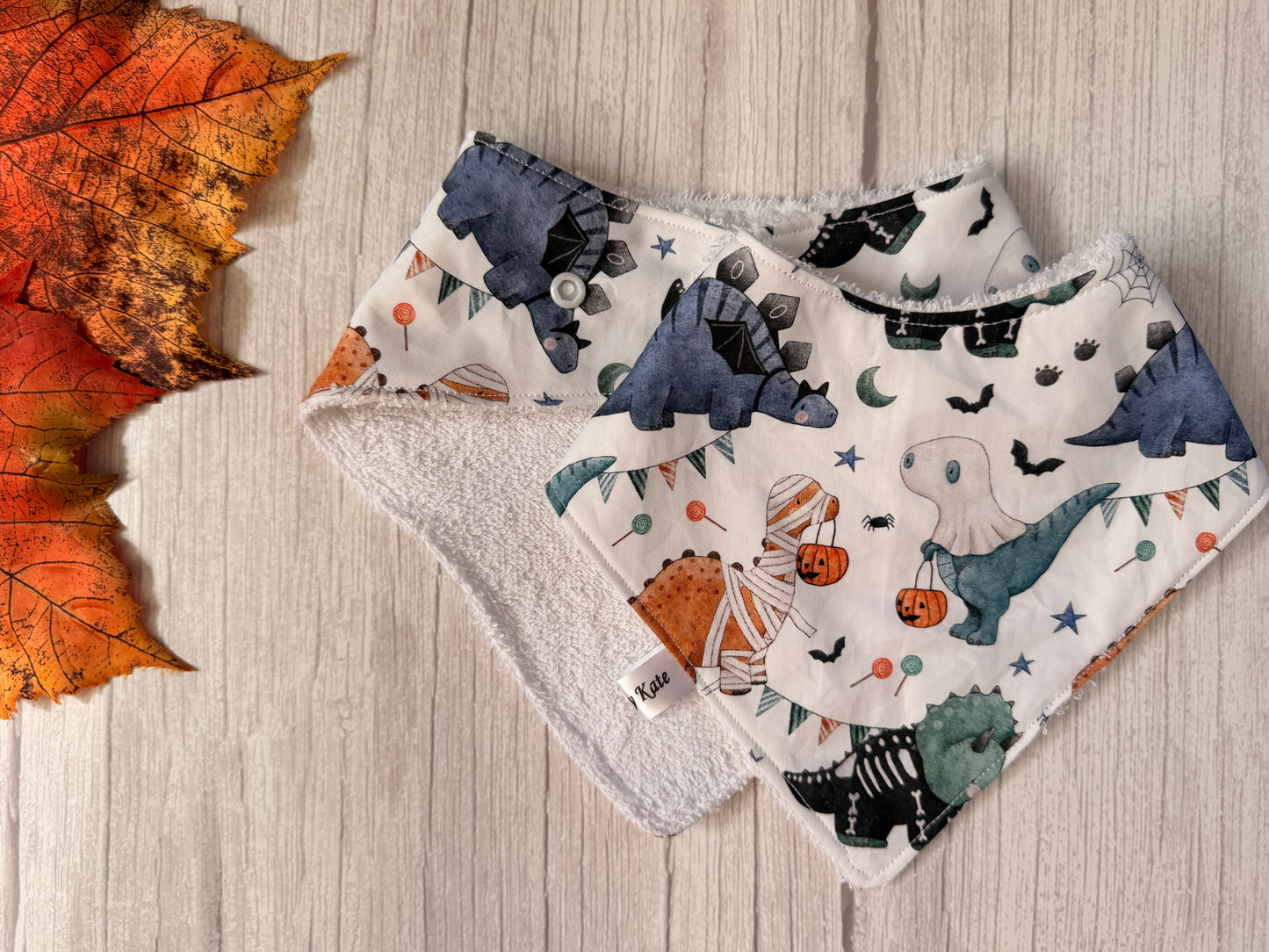 Cotton & Terry Towelling Baby Bibs - Dino Halloween