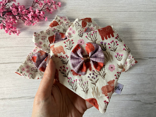 Cotton Pet Scrunchie Bandana with Bow - Highland Cow