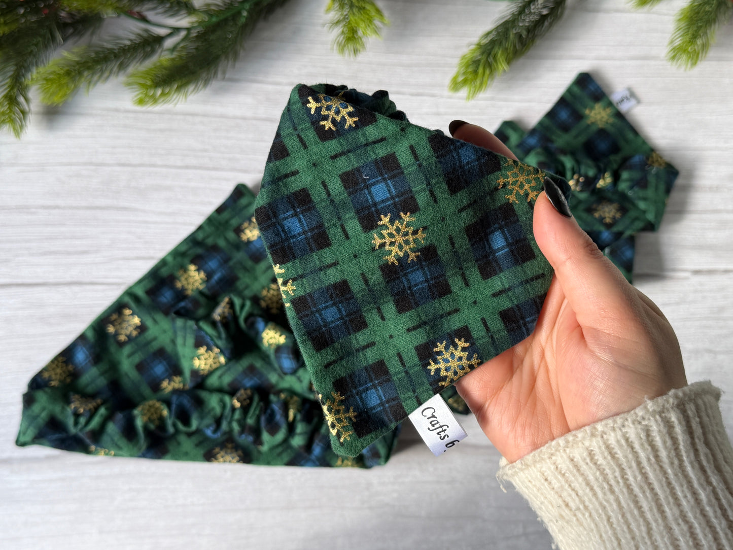 Cotton Pet Scrunchie Bandana - Green/Blue tartan