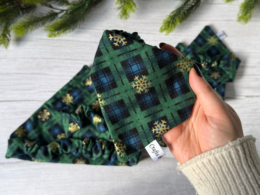 Cotton Pet Scrunchie Bandana - Green/Blue tartan
