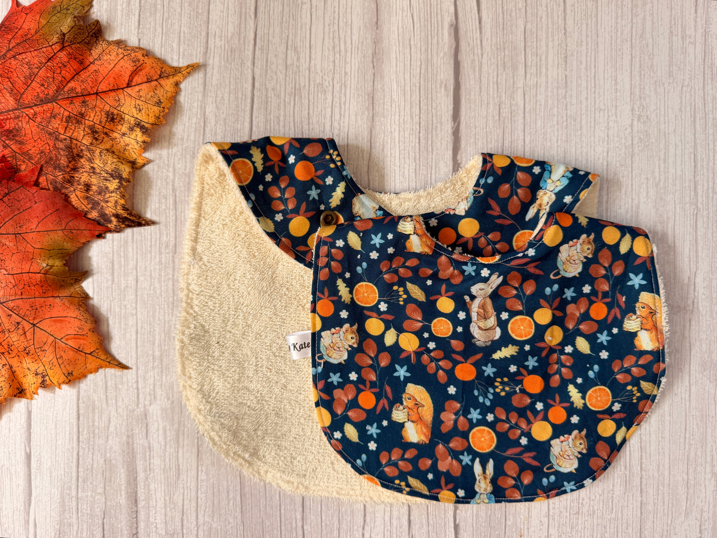 Cotton & Terry Towelling Baby Bibs - Autumn Peter Rabbit & friends
