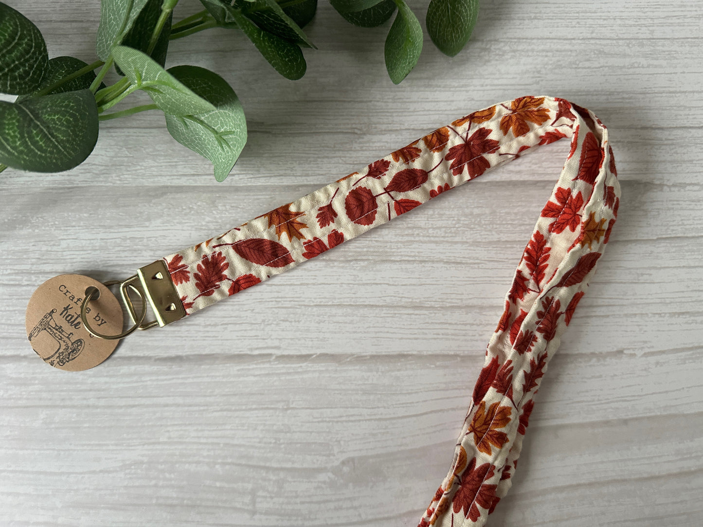 Cotton Lanyard with Metal Fob Keychain - Autumn Leaves