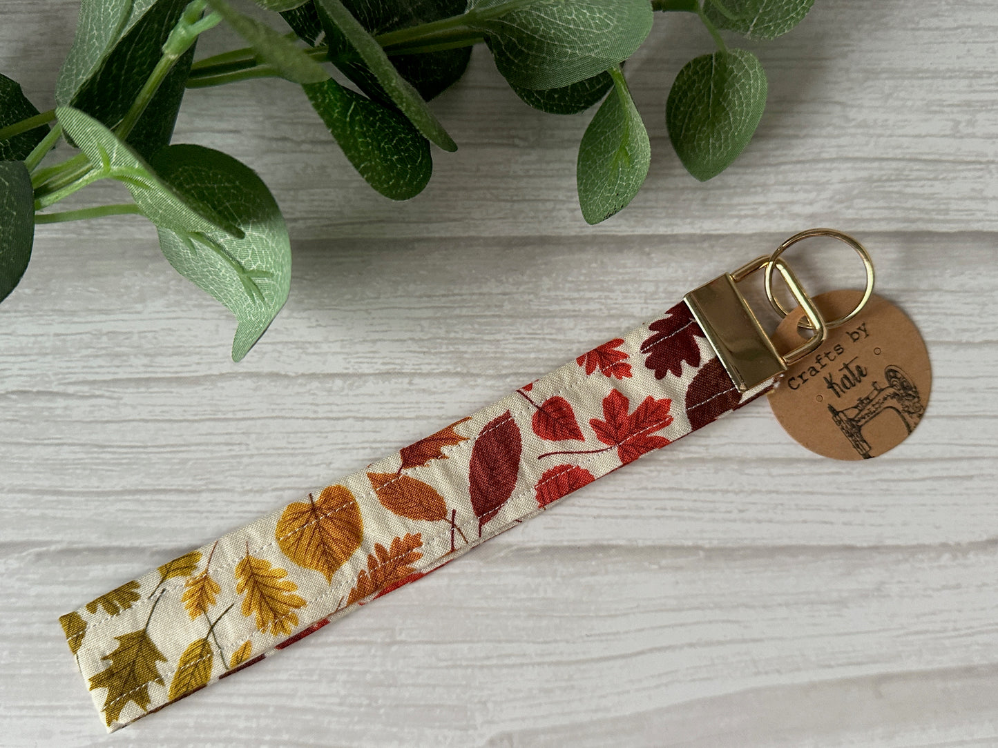 Cotton Wristlet with Metal Fob Keychain - Autumn Leaves