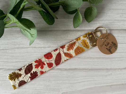 Cotton Wristlet with Metal Fob Keychain - Autumn Leaves