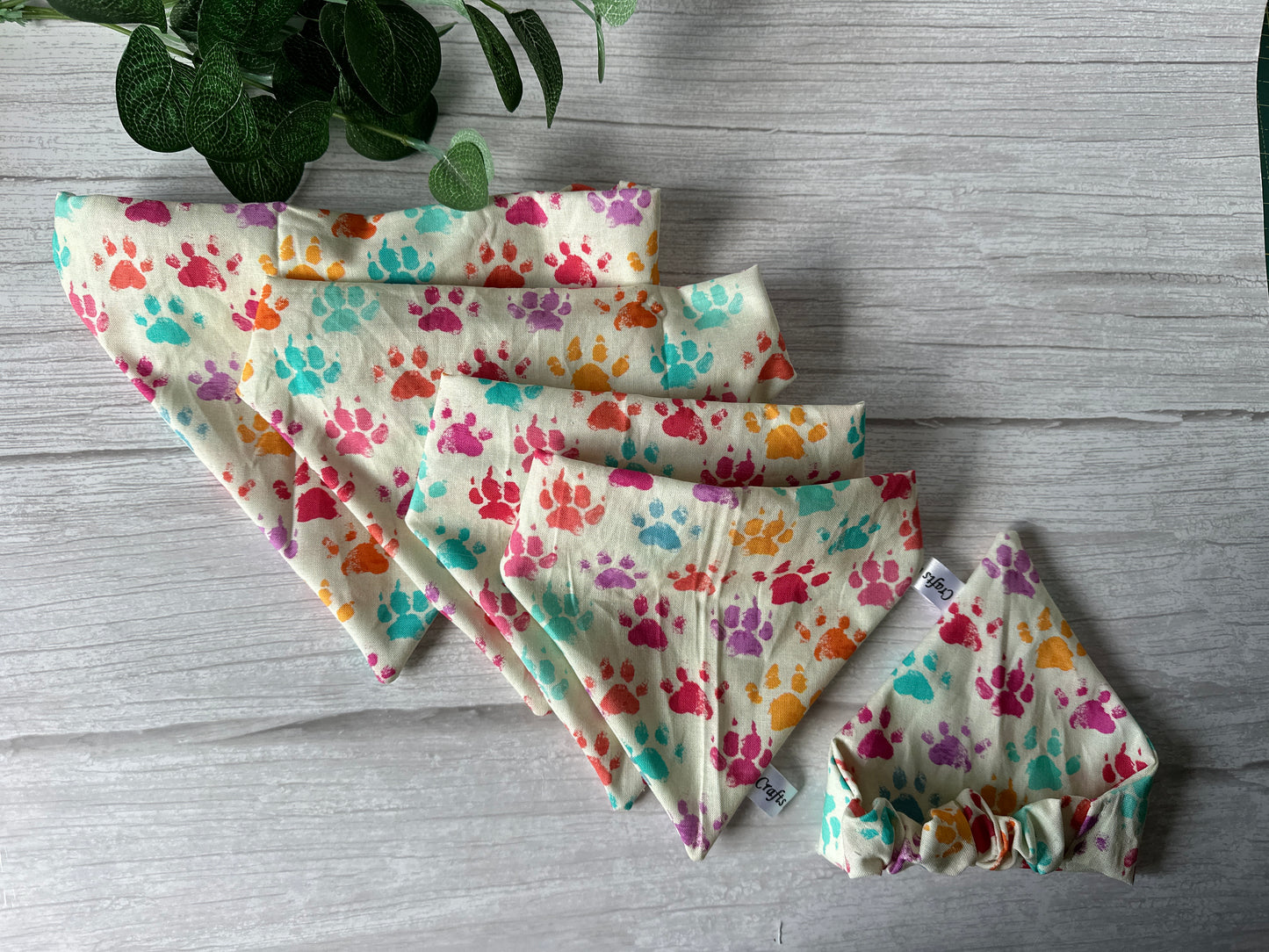 Cotton Pet Scrunchie Bandana - Caveman Rainbow Paw Print