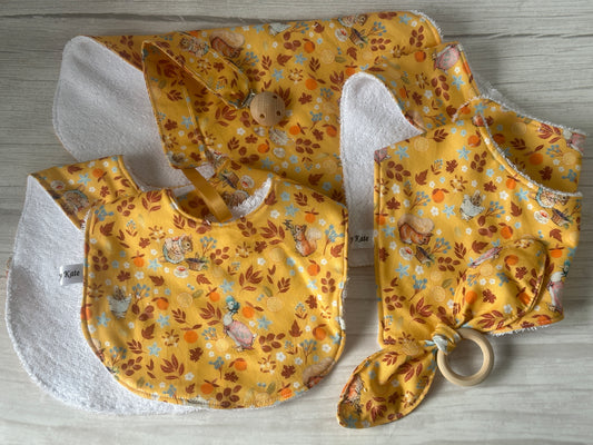 Cotton & Terry Towelling Baby Sets - Mustard Peter Rabbit & friends