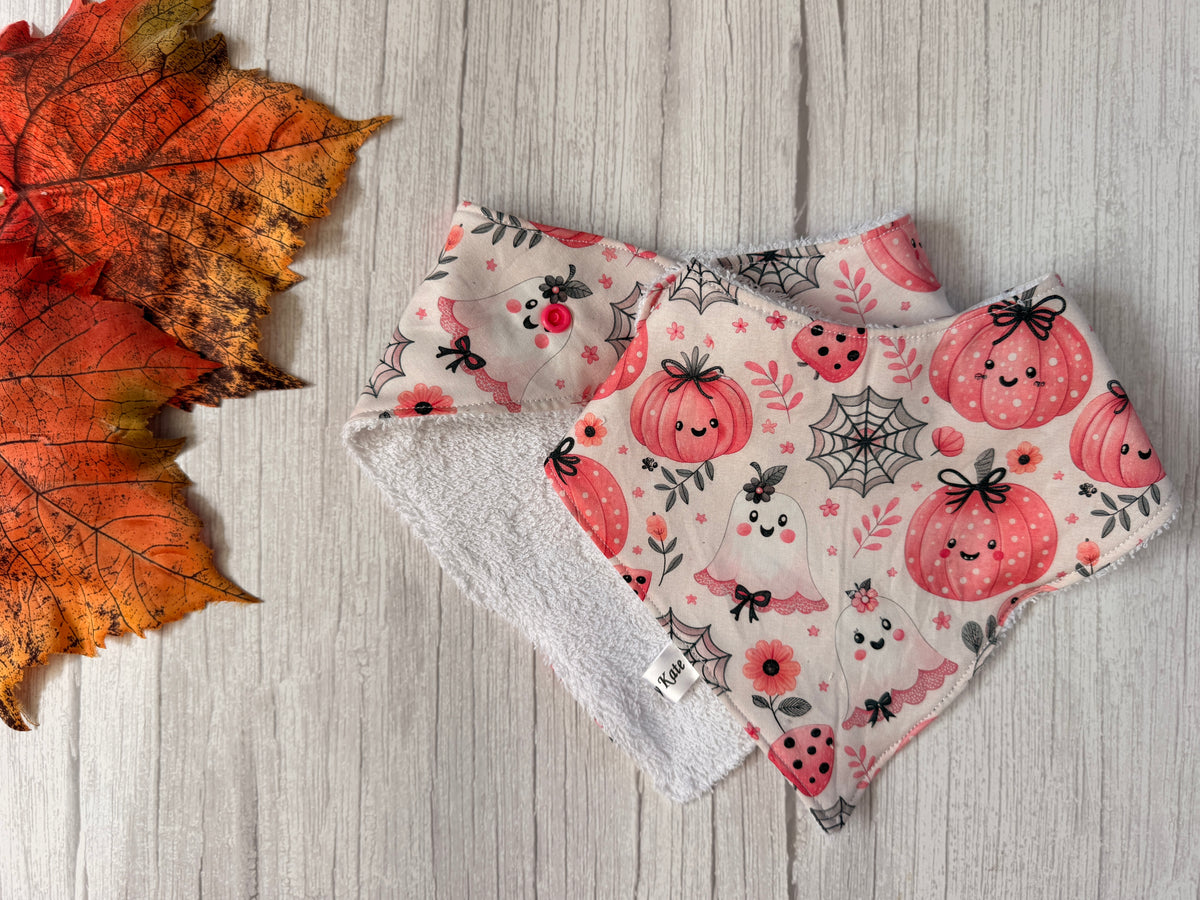 Cotton & Terry Towelling Baby Bibs - Pink Halloween