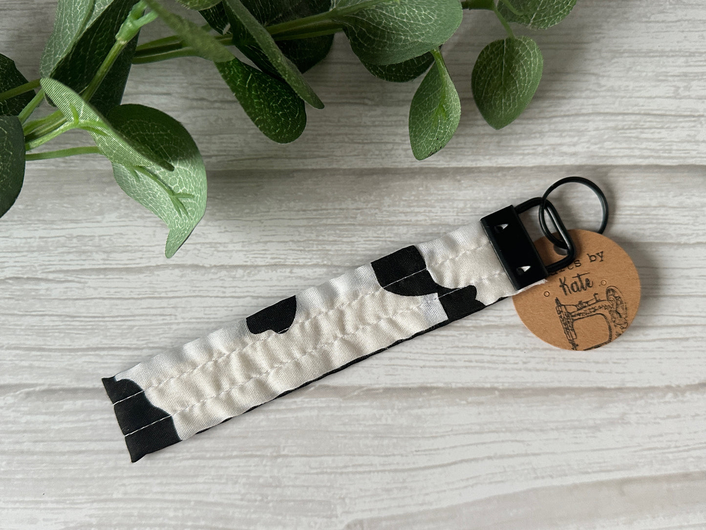 Cotton Wristlet with Metal Fob Keychain - Cow Print