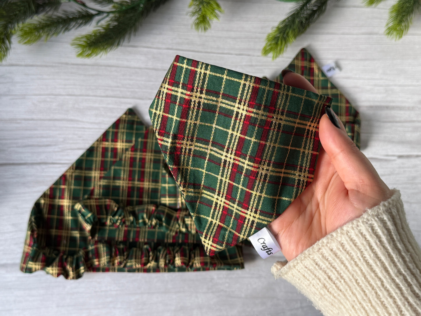 Cotton Pet Scrunchie Bandana - Gold/Green tartan