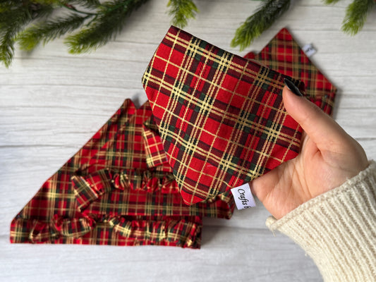 Cotton Pet Scrunchie Bandana - Gold/Red tartan
