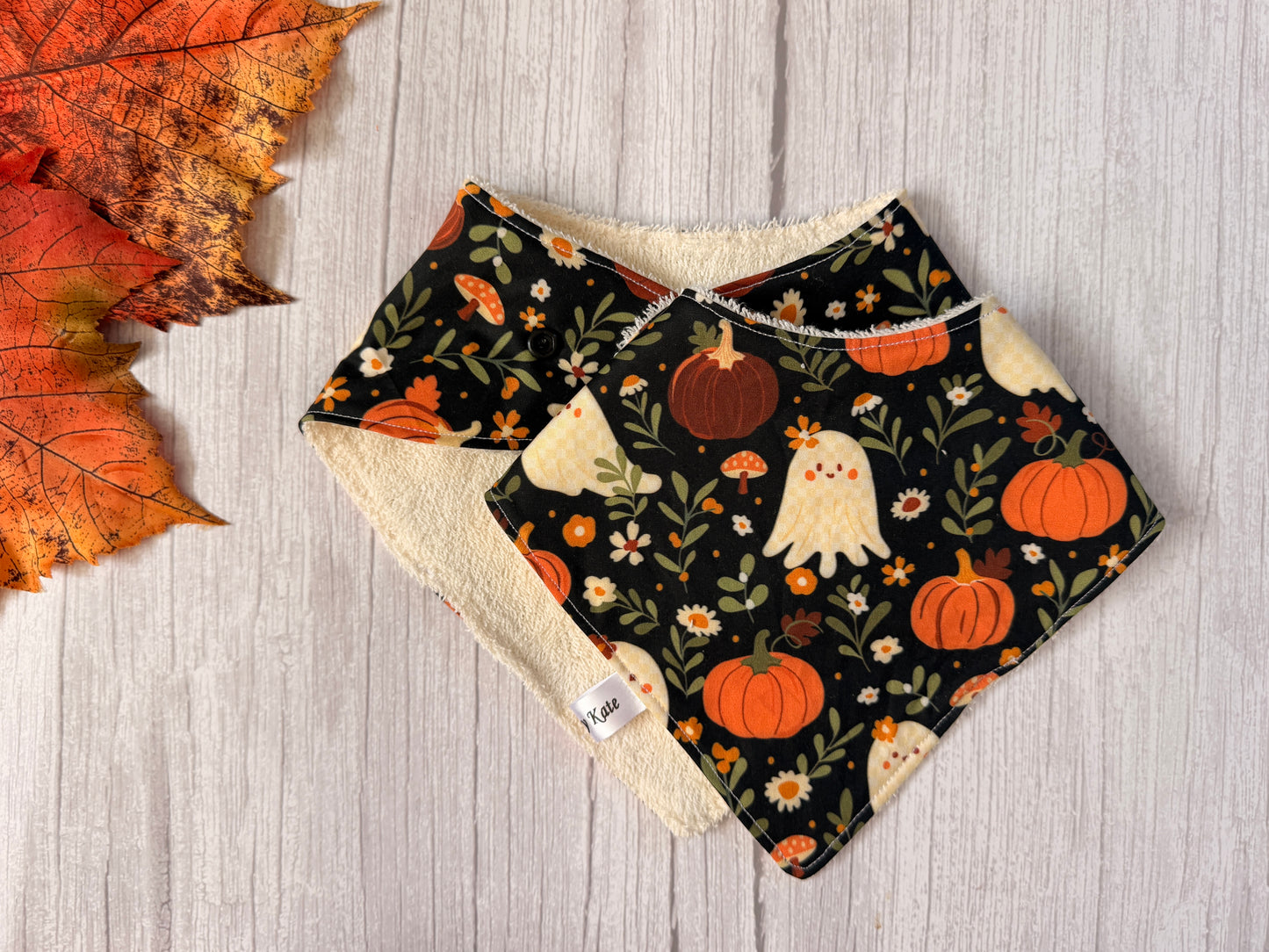 Cotton & Terry Towelling Baby Bibs - Pumpkins & Ghosts