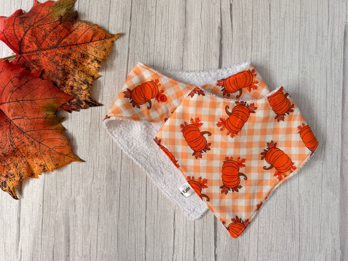 Cotton & Terry Towelling Baby Bibs - Pumpkin Gingham