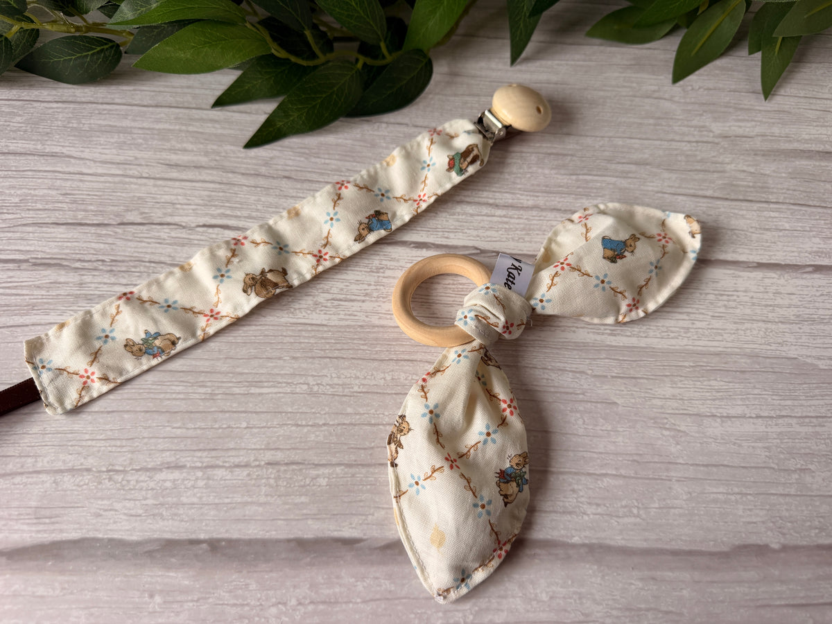 Cotton & Terry Towelling Dummy Clip & Teething Rattle - Peter Rabbit & friends