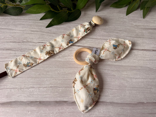 Cotton & Terry Towelling Dummy Clip & Teething Rattle - Peter Rabbit & friends