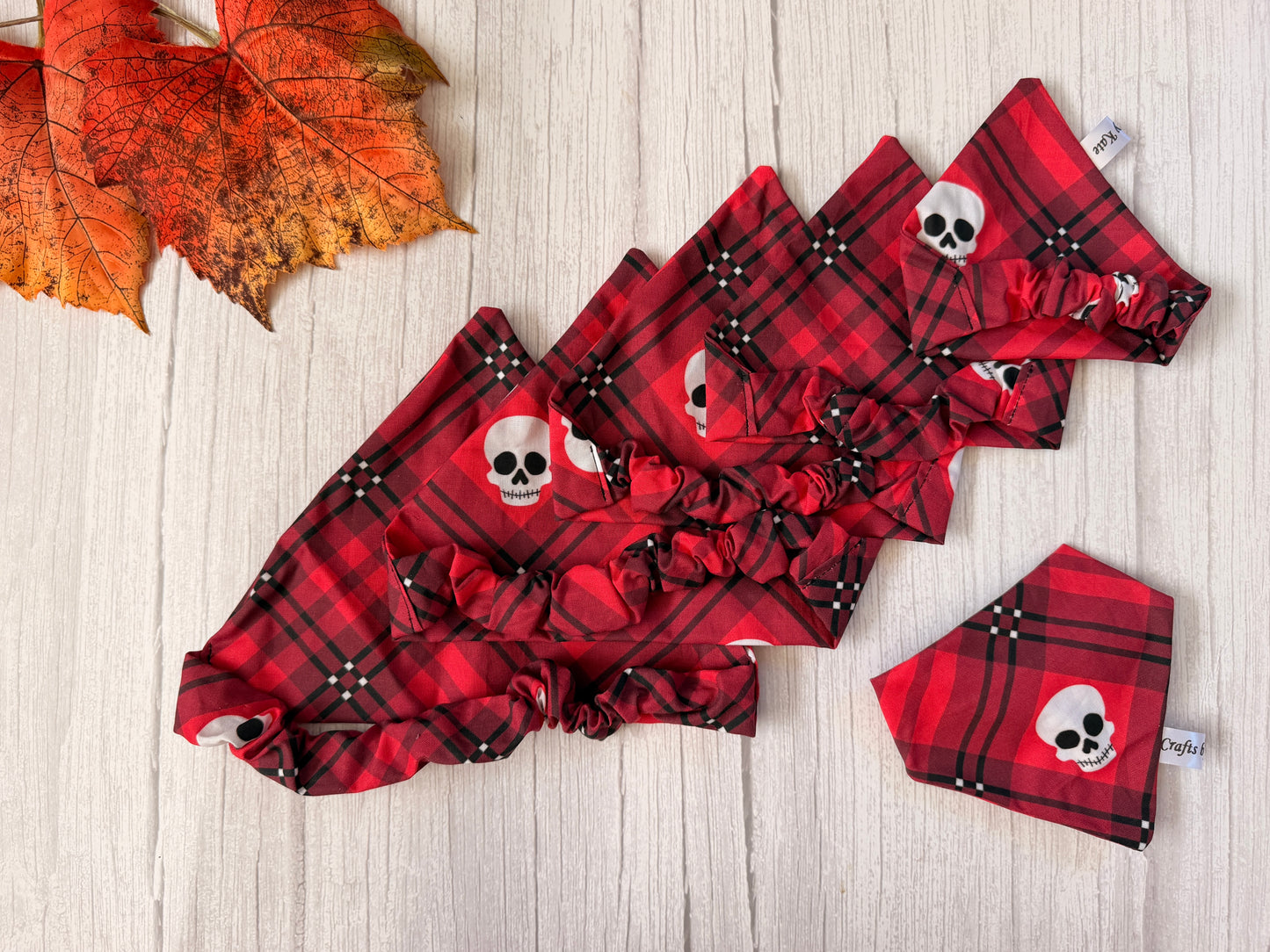 Cotton Pet Scrunchie Bandana - Tartan skulls
