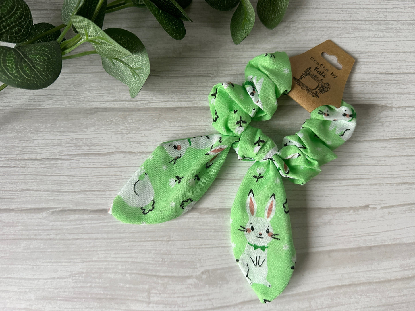 Cotton Scrunchie with tails - Green Bunnies