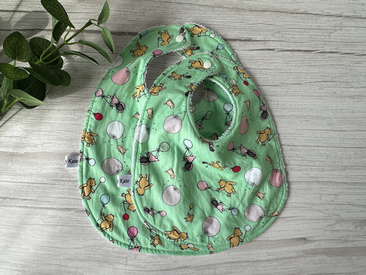 Cotton & Terry Towelling Baby Traditional Bib - Green Winnie The Pooh & Friends