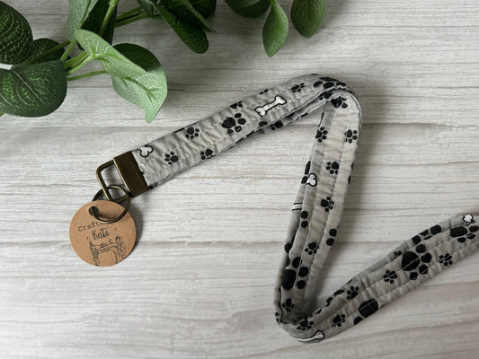 Cotton Lanyard with Metal Fob Keychain - Grey Pawprints