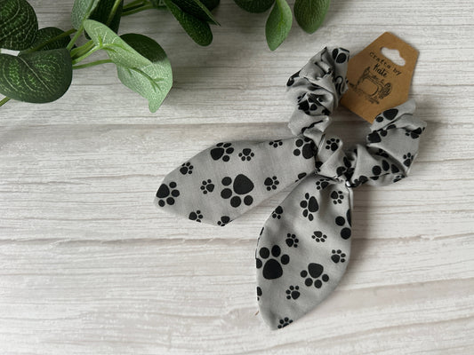 Cotton Scrunchie with tails - Grey Pawprints