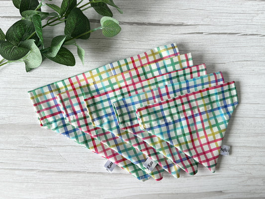 Cotton Pet Bandana with collar attachment - Rainbow Gingham