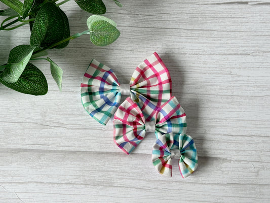 Cotton Pet Bow with collar attachment - Rainbow Gingham