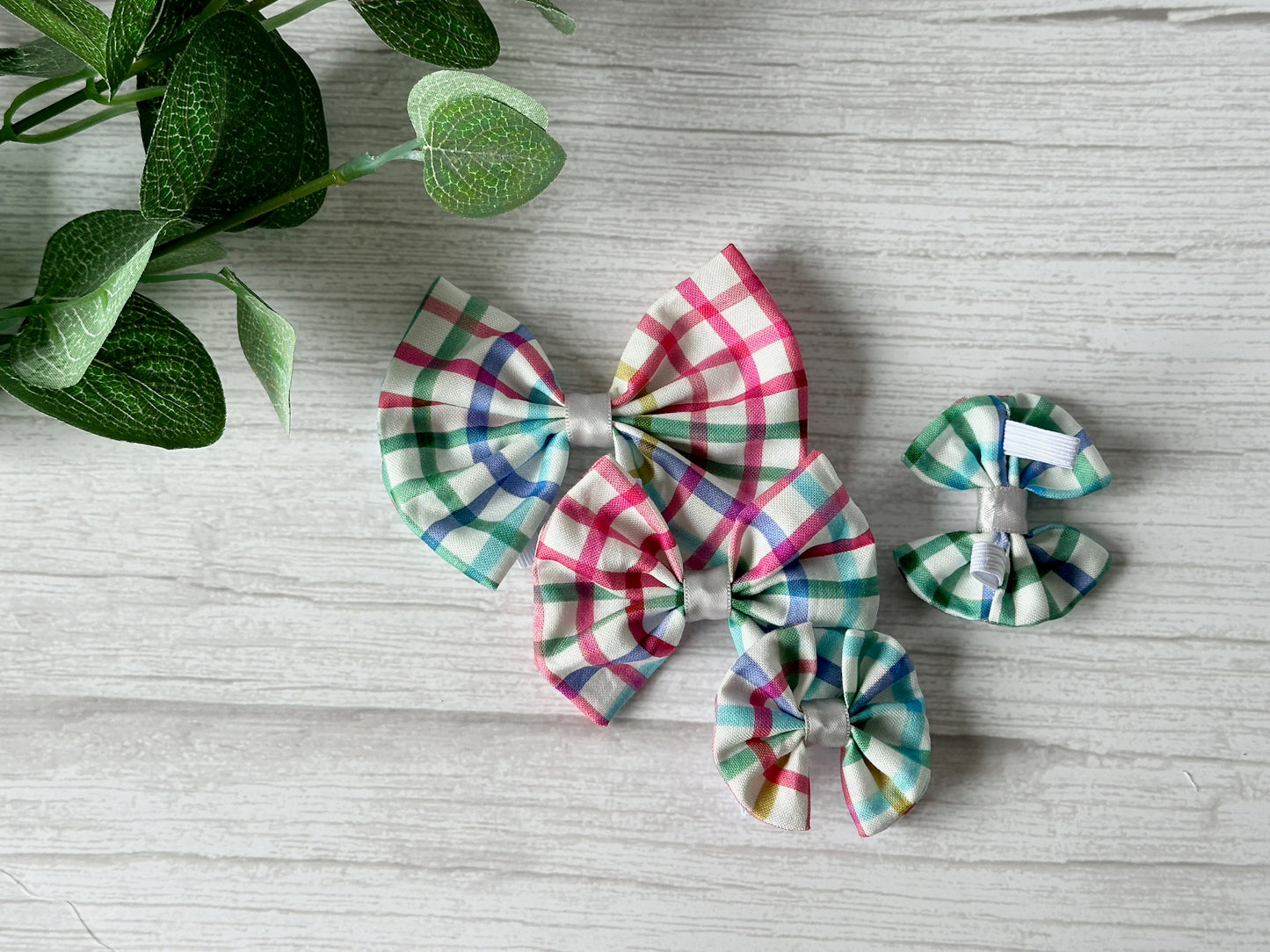 Cotton Pet Bow with collar attachment - Rainbow Gingham