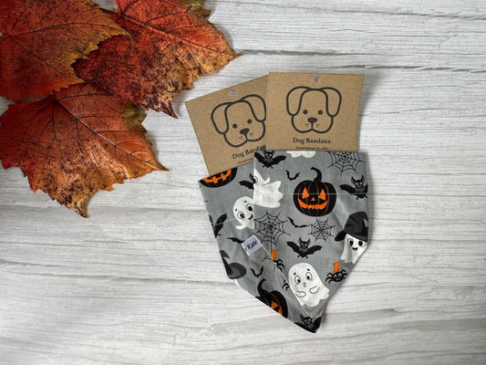 Cotton Pet Bandana with collar attachment - Grey Halloween