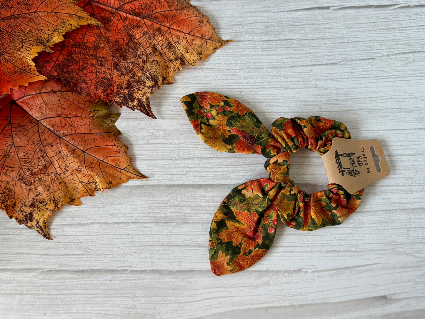 Cotton Scrunchie with tails - Autumn Leaves