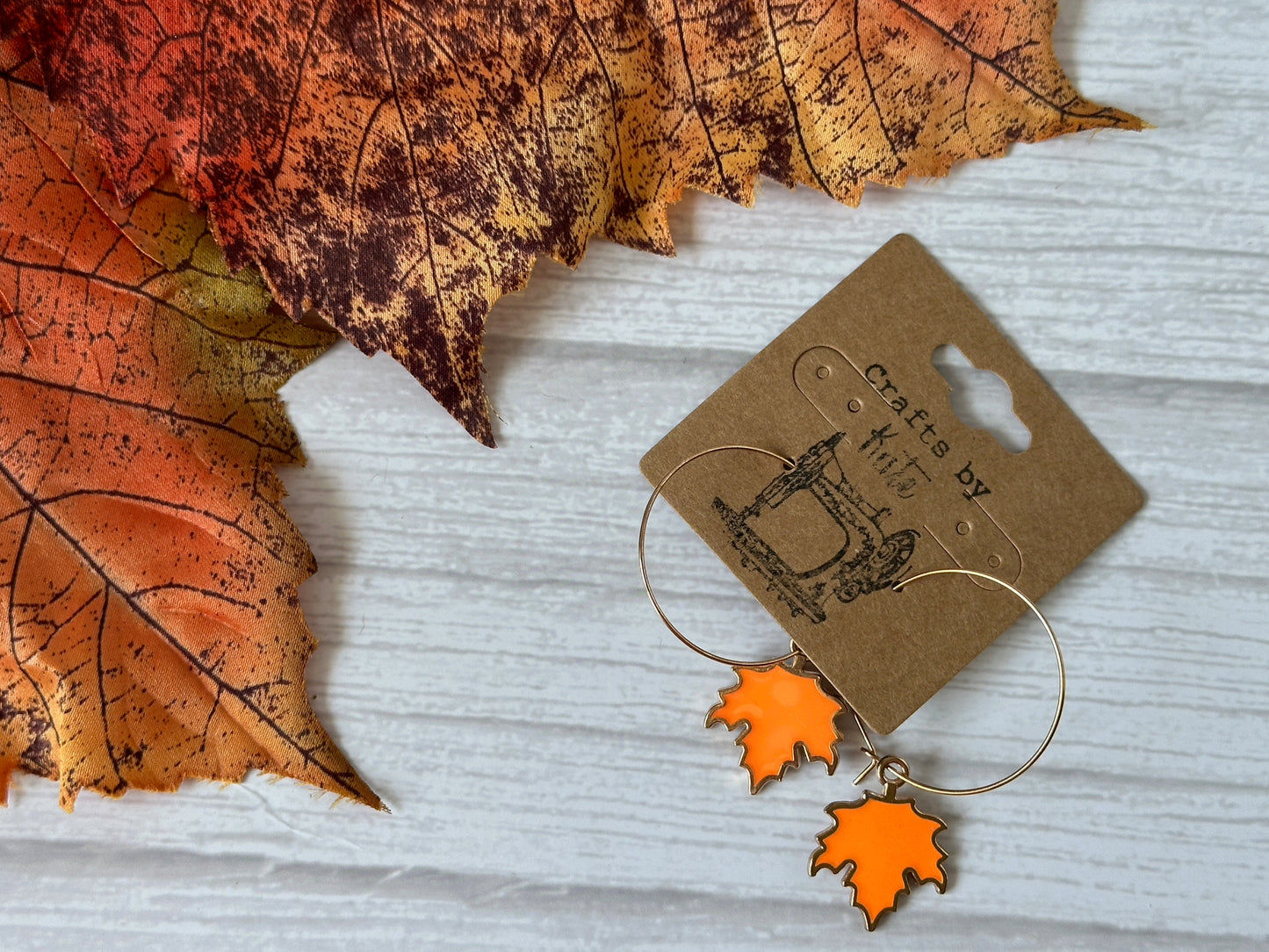 Handcrafted Halloween Maple Leaves Silver Plated Hoop Earrings