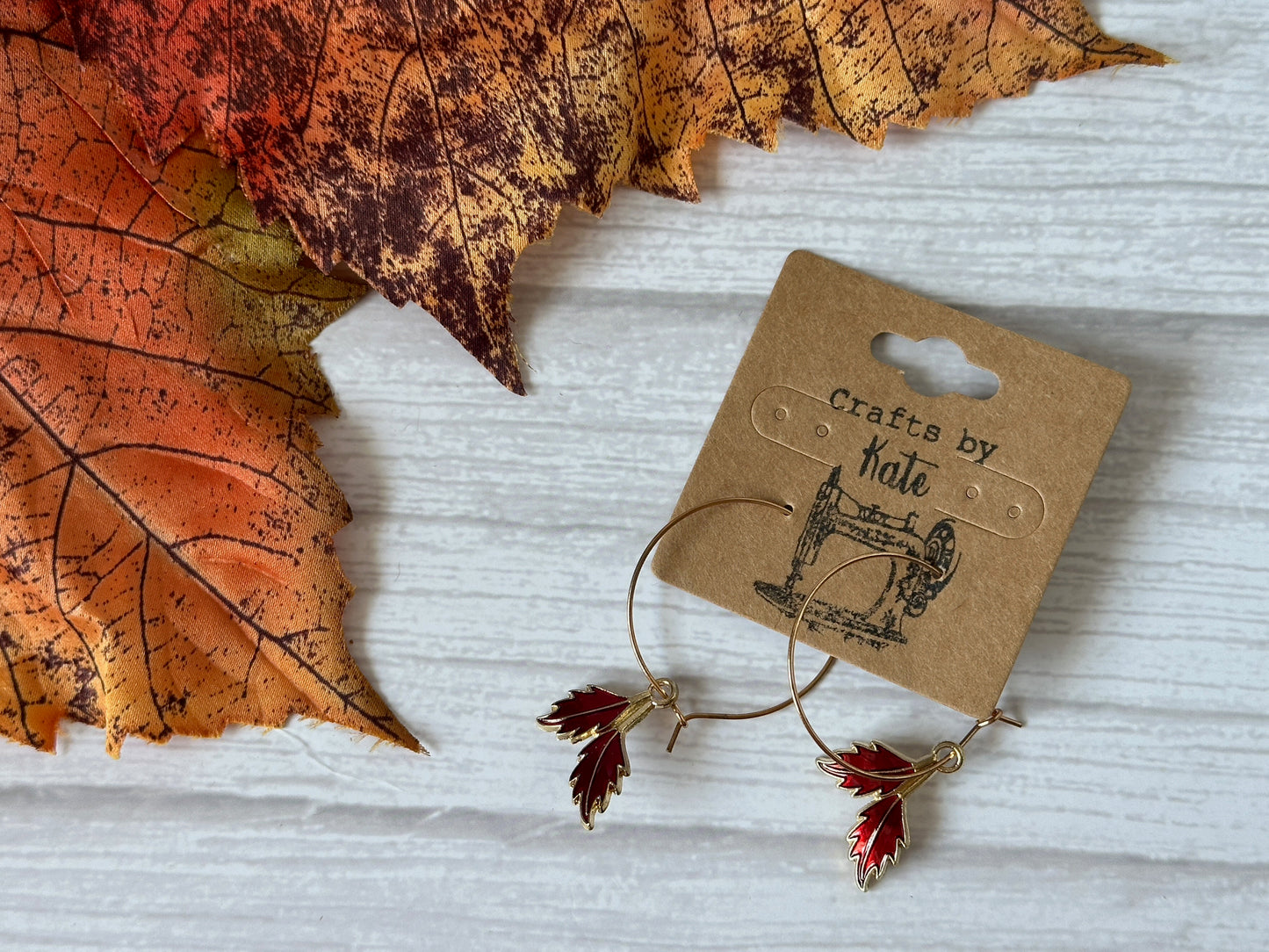 Handcrafted Halloween Autumn Leaves Silver Plated Hoop Earrings