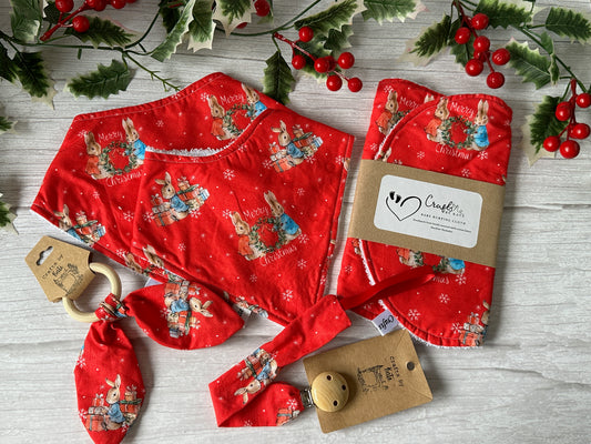 Cotton & Terry Towelling Baby Sets - Red Christmas Peter Rabbit