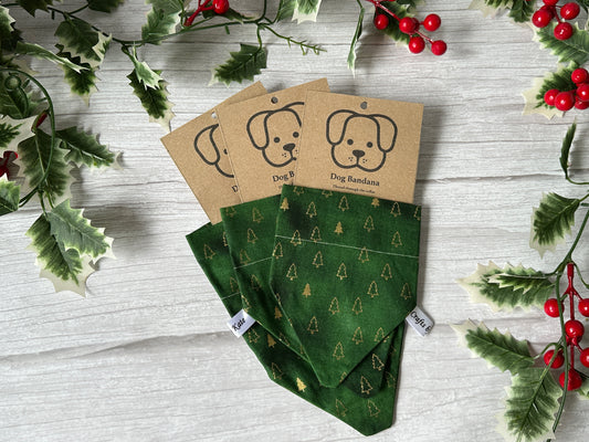 Cotton Pet Bandana with collar attachment - Green & Gold Christmas Trees