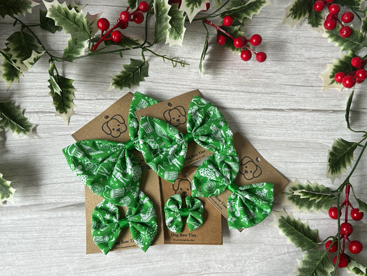 Cotton Pet Bow with collar attachment - Green Christmas