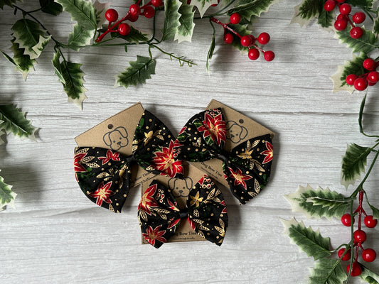 Cotton Pet Bow with collar attachment - Poinsettia