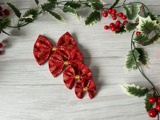 Cotton Pet Bow with collar attachment - Red & Gold Snowflakes