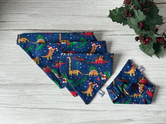 Cotton Pet Scrunchie Bandana - Christmas Dinosaur