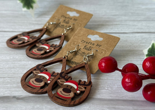 Handcrafted Christmas Wood Style Reindeer Dangle Earrings