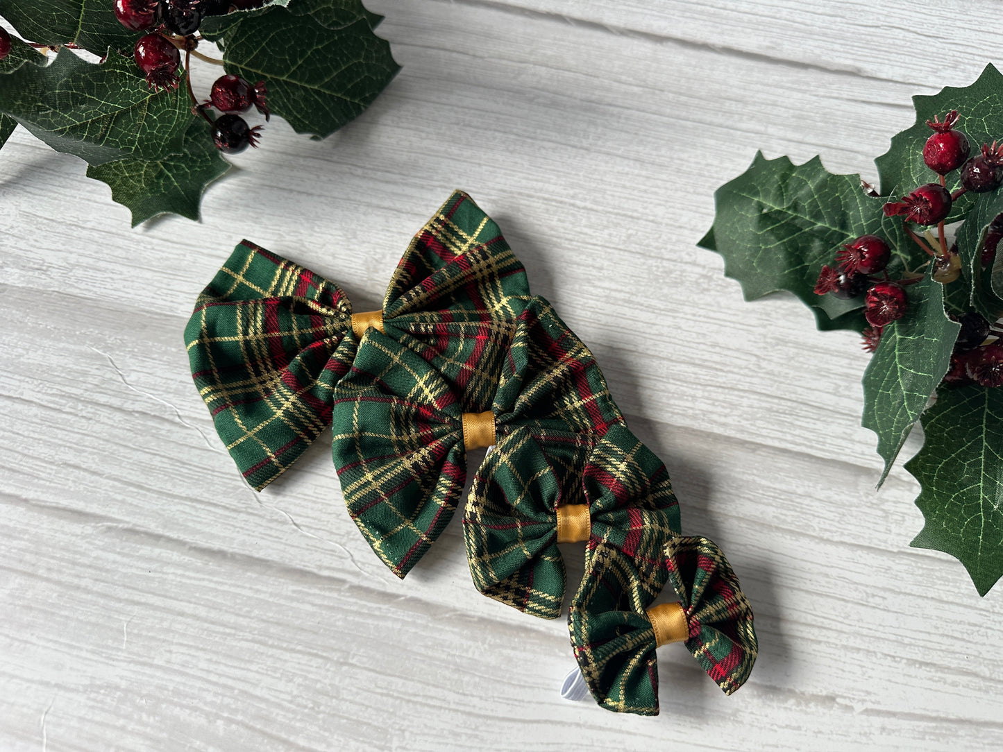 Cotton Pet Bow with collar attachment - Green & Gold Tartan