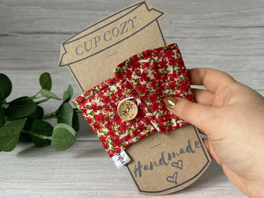 Cotton Reusable Cup Cozy - Red Floral