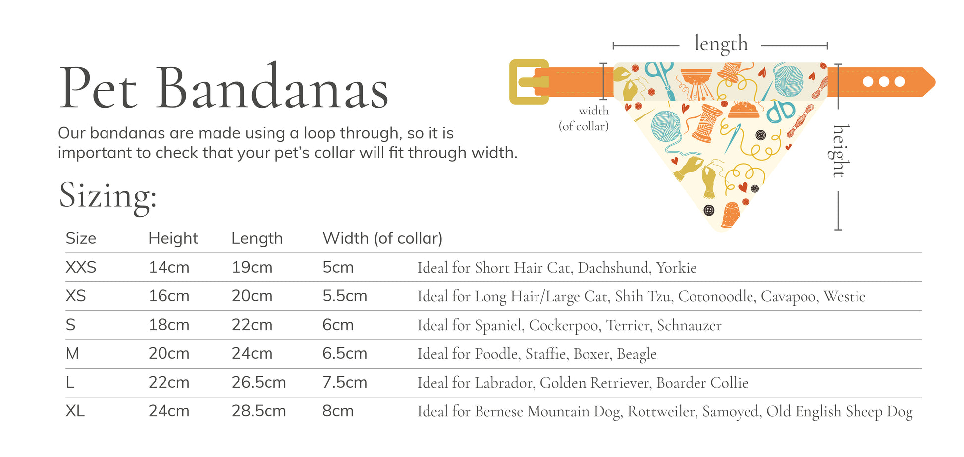 Discover the sizing chart for Crafts by Kate's Cotton Pet Bandana with collar attachment in Grey Hearts fabric. The chart details sizes ranging from XXS to XL, along with their respective height, length, and collar width measurements. It also includes recommendations for suitable dog breeds for each size. Additionally, a diagram of the bandana is provided, labeling "length" and "height" dimensions.