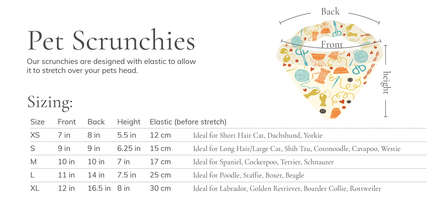 Illustration of the Crafts by Kate Cotton Pet Scrunchie Bandana in a vibrant cottage core pumpkins fabric, showcasing both the front and back views. A sizing chart details sizes from XS to XL with measurements for front, back, height, and elastic, along with ideal dog breeds for each size.