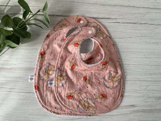 Cotton & Terry Towelling Baby Traditional Bib - Pink Spring Peter Rabbit