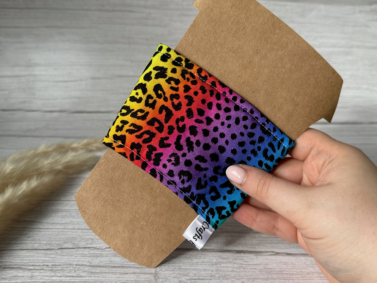 Cotton Reusable Cup Cozy - Rainbow Leopard Print