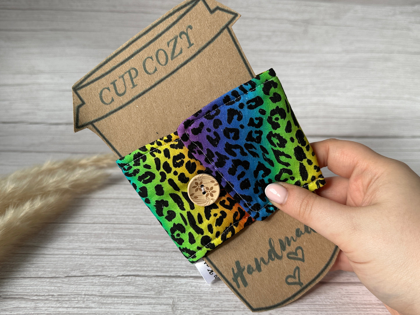 Cotton Reusable Cup Cozy - Rainbow Leopard Print